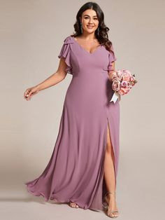 Plus Size Split Ruffles Sleeves with Bowknot Double V-neck Chiffon Bridesmaid Dress #color_Purple Orchid Long Dress Bridesmaid, Bridesmaid Gown Chiffon, Ruffles Sleeves, Chiffon Long Dress, Plus Size Gowns, Purple Bridesmaid Dresses, Gown Plus Size, Evening Dresses Short, Bridesmaid Dresses Plus Size