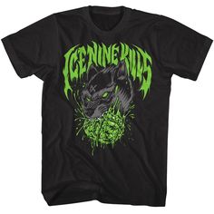 "Ice Nine Kills Men's T-Shirt by American Classics Ice Nine Kills aka INK are a heavy metal band from Boston formed in 2000 and signed to Fearless Records. Notoriously renowned for their horror-inspired lyrics, Ice Nine Kills has been led by Spencer Charnas since the beginning. They have released 6 albums and 3 EP's, nowadays INK are touring the world with other punk and metalcore bands. Their band name is derived from the fictional substance ice-nine from the novel \"Cat's Cradle\". If horror-filled metalcore is your thing then this Ice Nine Kills Brain Wolf T-Shirt has a vintage-style like it came from the deepest, darkest moshpit.  What's included:   Black printed t-shirt  Available in all sizes and big & tall sizes (S, M, L, XL, 2XL, 3XL, 4XL, 5XL, 6XL, LT, XLT, 2XLT, 3XLT, 4XLT)  Offi Green Punk Style T-shirt For Streetwear, Green Band Merch T-shirt, Green Punk Streetwear T-shirt, Green Punk Style Streetwear T-shirt, Spencer Charnas, Ice Nine Kills, Wolf Black, Ice Nine, Metalcore Bands