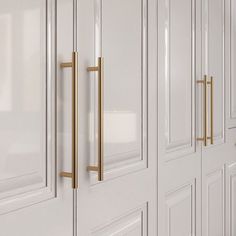 a white closet with gold handles and doors