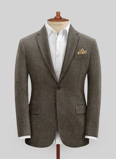 A classic design with a modern silhouette, our Tweed Suit is a must-have for every modern gentleman. Crafted from wool, the unique tweed fabric characterized by its herringbone weave structure that is famous for its warmth and durability makes this suit an ideal transitional piece for a wedding, gala, or prestigious evening event, where you seek to leave a lasting impression, this jacket is the epitome of polished refinement.  Look Includes   Vintage Dark Brown Herringbone Tweed  Horn Brown Butt Semi-formal Notch Lapel Tweed Jacket, Luxury Tweed Blazer For Business Casual, Classic Tweed Suit For Business Casual, Classic Tweed Business Casual Suit, Timeless Tweed Suit With Welt Pockets, Business Tweed Blazer With Welt Pockets, Tailored Timeless Tweed Jacket With Pressed Crease, Timeless Tailored Tweed Jacket With Pressed Crease, Tweed Sport Coat With Welt Pockets For Business Casual