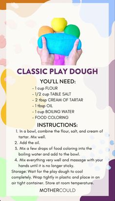 a poster with instructions for how to play dough in different colors and shapes on it