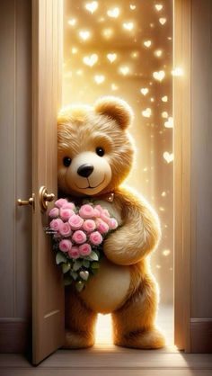 a brown teddy bear holding a bouquet of pink roses in front of an open door