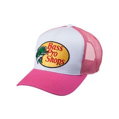 Our Bass Pro Shops Embroidered Logo Mesh-Back Cap features bright colors and our iconic logo, big and bold, embroidered on the front. This hat is a great way to show off your passion for an outdoor lifestyle. The mesh back encourages airflow to keep your head cool, and a snapback closure ensures a comfortable fit. The Bass Pro Shops Embroidered Logo Mesh Cap is a classic! Imported.    100% polyester    Embroidered Bass Pro Shops logo    Mesh back panels for cool comfort    Snapback closure Bass Pro Shop Hat, Pink Trucker Hat, Bass Pro Shop, Camouflage Hat, Hunting Girls, Mens Trucker Hat, Camo Hats, Panel Hat, Mesh Cap