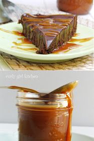 there are two pictures of chocolate cheesecake with caramel sauce