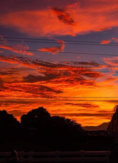 an orange and red sunset with power lines in the foreground, some trees to the right