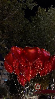 large red balloons are floating in the air at night with lights and trees behind them