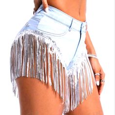 Womens Sequin Tassel Decor Mini Denim Shorts 63% Cotton 28% Polyester 7% Viscose 2% Elastane Summer Party Cutoff Bottoms, Spring Party Denim Jean Shorts, Party Cutoff Denim Shorts, Party Denim Bottoms With Fringe, Summer Party Jean Shorts With Rhinestone Fringe, Summer Party Denim Blue Bottoms, Trendy Fringe Shorts, Summer Denim Jean Shorts With Rhinestone Fringe, High Waist Jean Shorts With Rhinestone Fringe For Summer