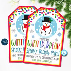 two snowman themed christmas party tags