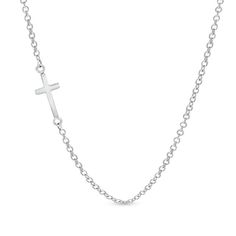 Faith meets fashion in this stylish look for her. Crafted in sleek stainless steel, this necklace features a simple cross turned on its side and set off-center along the chain. A unique look she's certain to adore, this 23.0-inch rolo chain necklace is polished to a brilliant shine and secures with a lobster claw clasp. Minimalist Cross Chain Necklace With Delicate Chain, Minimalist Delicate Chain Cross Necklace, Minimalist Stainless Steel Cross Necklace With Adjustable Chain, Sideways Cross Necklace, Baguette Diamond Necklace, Cross Necklace Sideways, Simple Cross, Gold Sun, Local Jewelry