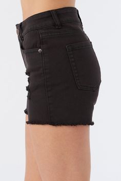 These longer length shorts are a wardrobe staple, perfect for any adventure day or night. O'Neill Women's denim short 4" Inseam 8 3/4" Front rise Distressed look Raw hem detail Leather logo back patch 98% Cotton, 2% Elastane | O'Neill Women's Cody Denim Shorts in Washed Black, Size 24, Elastane/Leather Denim Short, Denim Shorts Women, Back Patch, Leather Logo, Womens Clothing Sizes, Bottom Clothes, Red Fashion, Denim Women, Wardrobe Staples