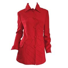 Rare 90s MOSCHINO 'Cheap and Chic' lipstick red blazer! Features an embroidered silhouette of Olive Oyl (Popeye's wife) on the front, and the word "Ciao," on the back. Buttons up the bodice with a pocket at each side of the waist. Great tailored fit! Fully lined. Great with shorts, jeans, trousers, a black skirt, or over a dress. In great condition. Made in Italy. Approximately Size Medium Measurements: 36 inch bust 30-32 inch waist Red Blazers, Moschino Blazer, Olive Oyl, Vintage Moschino, Moschino Cheap And Chic, Lipstick Red, Red Blazer, Red Button, Black Skirt