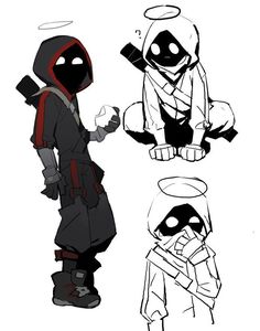 some kind of character that is in different poses, including the hood and face mask