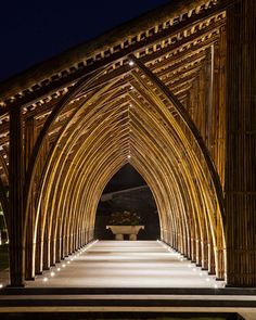 an arch made out of bamboo sticks with lights on the sides and plants in vases at the end