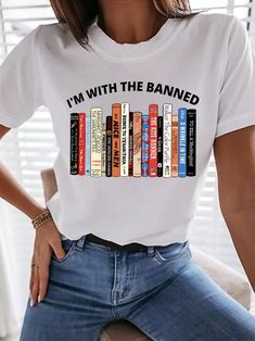 Librarian Shirt, Book Letters, Reading Shirts, Fabric Combinations, Cartoon Outfits, Book Shirts, College Outfits, Top Casual, Short Sleeve Top