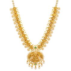 This 22k Indian gold necklace has a majestic appeal that oozes with cultural beauty. The spectacular array of emeralds, cz stones, and pearls allow for the engraved detailing to pop a into the forefront. Features • 22k yellow gold • Emerald • Engraved details • Cubic zirconia • Pearls As a leading gold Indian jewelry store in the USA, we are proud to offer a wide selection of beautiful Indian gold jewelry, including this stunning 22k Indian gold temple necklace with emeralds, pearls, and cz ston Luxury Yellow Gold Temple Jewelry Kundan Necklace, Luxury Yellow Gold Round Temple Necklace, Yellow Gold Emerald Necklace For Festivals, Festive 22k Gold Emerald Necklace, 22k Gold Green Necklace With Intricate Design, Yellow Gold Temple Necklace With 17 Jewels For Diwali, Green 22k Gold Necklace With Intricate Design, Gold Kundan Necklace With Gemstone For Spiritual Occasions, Traditional Gold Emerald Gemstone Necklace