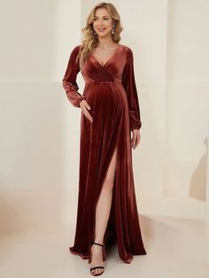 Long Sleeve Velvet V-Neck Front Slit Floor-Length Bump Friendly Dress, #wowdress #partydress Bump Friendly Dress, Velvet Formal Dress, Ever Pretty, Affordable Dresses, Graduation Outfit, Maternity Dress, Dress Plus Size, Maternity Dresses, Bump