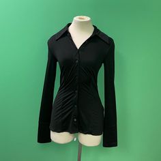 -96% Poly, 4% Spandex -Hand Wash -Front Button Closure -Buttoned Barrel Cuffs -Slinky Stretch Fabric Black Shirts Long Sleeve, Cute Work Tops, Fitted Button-up Versatile Blouse, Fitted Versatile Tops With Button Closure, Fitted Versatile Top With Button Closure, Versatile Fitted Button-up Blouse, Versatile Fitted Tops With Button Closure, Fitted Button-up Blouse, Fitted Button Closure Top