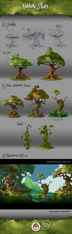 the concept art for an animated game, which is based on different types of trees