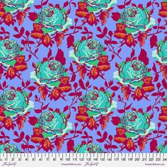 a blue and red rose pattern on a purple background with green leaves, in the center is