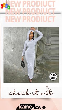 Women Fashion Solid Color Long Sleeve Hooded Maxi Dress White Stretch Long-sleeve Maxi Dress, Solid Color, Maxi Dress, Long Sleeve, Color