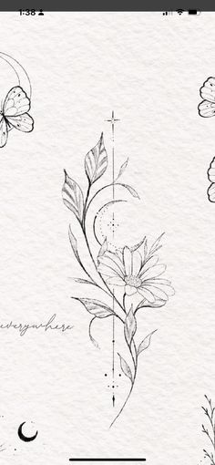 a drawing of flowers and butterflies with the word love written on it's side