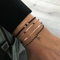 Beautiful bracelet set with carefully selected bracelets with gold, silver or rose gold. The perfect gift, suitable for most wrist sizes. Bracelet Themes, Black Bead Bracelet, Double Bracelet, Inexpensive Jewelry, Black Beaded Bracelets, Black Bracelet, Beads Bracelet Design, Versatile Jewelry, Charms Bracelet