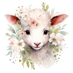 a watercolor painting of a sheep with flowers on its head