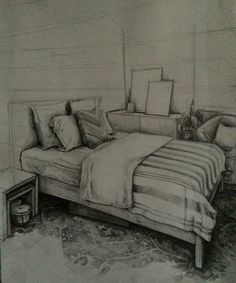 a drawing of a bed with pillows and blankets on top of it, in a bedroom