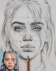 a pencil drawing of a woman's face with an image of the same person