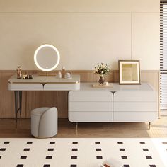 a bathroom with a vanity, mirror and stool