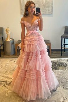 Tiered Prom Dress, Prom Dresses Long Pink, Princess Prom Dresses, Pink Prom, فستان سهرة, Custom Size Dresses, Pink Prom Dresses, Pink Tulle, Evening Formal