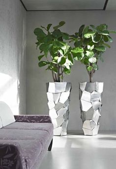 two vases with plants in them sitting on a white floor next to a couch