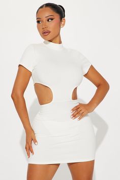 Available In Off White. Mini Dress Mock Neck Short Sleeve Zipper Detail Cut Out Detail Stretch Compression Rib 86% Rayon 14% Spandex Imported | Alyson Snatched Mini Dress in Off White size XL by Fashion Nova White Fitted Dress With Cut-out Waist, White High Neck Bodycon Dress For Summer, White High Neck Bodycon Summer Dress, White Cut-out Waist Dress, White Dresses With Cut-out Waist, Fitted Dress With Cut-out Waist For Day Out, Bodycon Short Sleeve Mini Dress, Fitted White Cutout Bodycon Dress, White Fitted Cutout Bodycon Dress