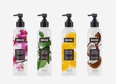 three bottles of hand soaps with different types of flowers and leaves on the front