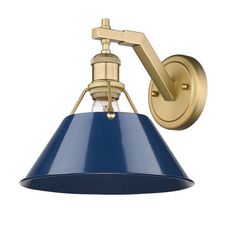 a blue and gold wall light on a white background with clipping off the arm