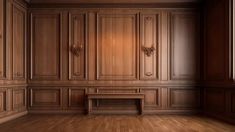 an empty room with wood paneling and a bench