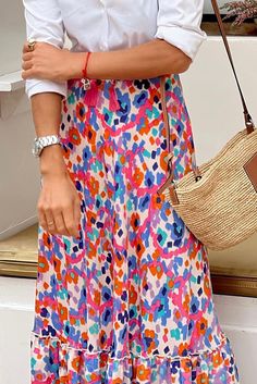 Multicolor Abstract Floral Print Tassel Tie Ruffle Maxi Skirt Spring Vacation Skirt With Vibrant Print, Vibrant Summer Skirt, Vibrant Print Summer Skirt, Vibrant Print Skirt For Summer, Vibrant Beach Skirt For Spring, Casual Multicolor Print Skirt For Spring, Tassel Skirt For Summer, Tasseled Skirt For Summer, Vibrant Summer Skirt For Vacation