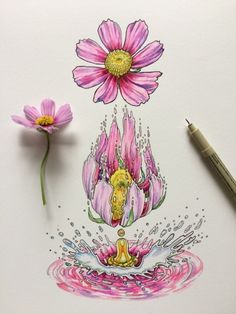 a drawing of a pink flower with a buddha figure in the center surrounded by water