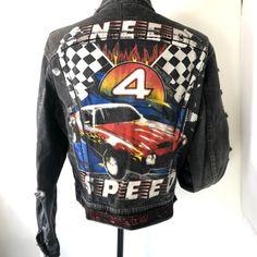 Furst Of A Kind Limited Edition Jacket Need 4 Speed Vintage Jacket Distressed, Black Denim Lee Riders Jacket Hand Painted Race Track/Car On Back, Lee Riders Printed On Buttons Loose Fit **No Size Care Or Content Tags** Approximate Measurements Taken Flat Pit To Pit: 23” Length: 23” New Nwt *31/0621/2.4.9 Long Distressed Denim Jacket, Insulated Jeans, Trucker Jacket Women, Jacket Hand Painted, Jean Jacket Hoodie, Dark Wash Denim Jacket, Navy Denim Jacket, Demin Jacket, Anthropologie Jeans