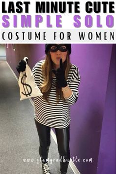 a woman in black and white striped shirt holding a bag with the words, last minute cute simple solo costume for women