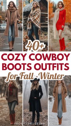 women wear cowboy boots outfits for fall winter, western outfits How To Style Tall Western Boots, Pointed Cowboy Boots Outfit, Mid Cowboy Boots Outfit, Cowgirl Boots Outfit Fall Jeans, How To Wear Cowboy Boots Women Jeans, Cowboy Boots Autumn Outfit, Jeans With Cowboy Boots Outfits, Cowboy Boots With Leggings Outfit, How To Style Short Cowboy Boots