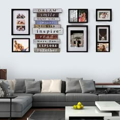 a living room filled with lots of furniture and pictures on the wall above it's coffee table