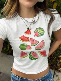 Watermelon Baby Tee, Watermelon Shirt, Aesthetic Fruit Shirt, Fruit Tee, Vintage Fruit Shirt, Watermelon Graphic T-Shirt *IMPORTANT PLEASE READ BEFORE PURCHASING* My store uses DTG (Direct to Garment) printing. This means the design is printed into the garment. This means it is designed to last longer than other printing processes. Due to this printing process the design colors may not be as vibrant as shown in the photos. There may at times be a slight difference between real and perceived colo Watermelon Outfit Aesthetic, Watermelon Clothes, Watermelon Graphic, Summer Graphic Tees, Photo T Shirt, Watermelon T Shirt, Watermelon Outfit, Aesthetic Fruit, Watermelon Shirt