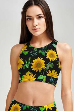 Sunnyflower Starla High Neck Padded Sporty Crop Top Sports Bra - Women - Pineapple Clothing Trendy Black Racerback Sports Bra, Yellow Summer Sports Bra For Gym, Casual Sports Bra For Summer Sports Events, Spring Black Stretch Sports Bra, Spring Black Sports Bra, Black Seamless Sports Bra For Spring, Black Sports Bra For Spring, Yellow Sporty Sports Bra For Summer, Black Sports Bra For Summer Sports Events