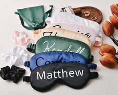 Product Description: The 3-piece personalized satin eye mask set is the perfect sleeping accessory for those seeking comfort and style. The set includes a satin eye mask and two matching satin headbands with satin eye mask bag, all personalized to make a truly special gift for yourself or a loved one. Each piece is carefully crafted by skilled artisans, ensuring attention to detail and superior quality. Highlights: - Handmade: Each set is carefully crafted by skilled artisans, ensuring the product is unique and exquisitely crafted. - Personalized: The eye mask and headband can be customized with your name, initials or any text of your choice to add a unique touch to the set. Benefits: - Luxurious Satin: Made from 100% luxurious satin fabric, the set provides a smooth, gentle touch on the s Satin Eye Mask, Customized Bridesmaid Gifts, Hair Care Regimen, Gifts Anniversary, Eye Masks, Satin Bags, Sleeping Habits, Restful Sleep, Bridal Party Gifts