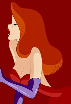 a woman with long red hair and purple gloves on her arms is looking at something in the distance