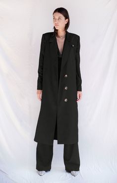 Dark Grey Structured Suit Vest Oversized Trench Coat and Pleated Wide Leg Pants Suit Set - Custom Made - Bastet Noir Trench Coat Suit, Women's Trench Coat, Coat Check, Double Breasted Vest, Single Parents, Grey Trench Coat, Bespoke Fashion, Perfect Coat, Long Trench