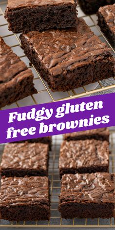 chocolate fudge gluten brownies on a cooling rack with text overlay