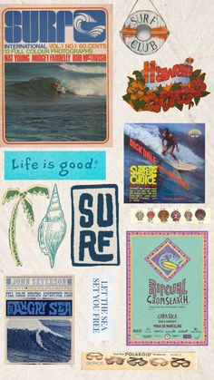 several different types of stickers on a piece of paper that says surf life is good