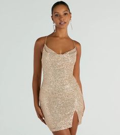 Bring the glam energy with this glitzy sequin embroidered mini dress! It features a sleeveless cowl neckline, bungee spaghetti straps that lead to a cross-back design, a short, curve-hugging fit with a front slit, and all-over sequin embroidery. Complete the look with rhinestone earrings.Fit & FeaturesSleeveless cowl necklineBungee spaghetti strapsCross-back strap designBodycon, mini-length hemFront slit accentSequin embroidery, knit lining, moderate stretchRuns true to size Homecoming Dresses Bodycon, Sequin Dress Short, Long Sequin Dress, Embroidered Mini Dress, Sequin Embroidery, Windsor Dresses, Cowl Neckline, Sequins Embroidery, Sequin Mini